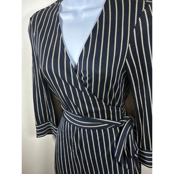 Diane Von Furstenberg DVF Silk Wrap Dress 4 Navy Blue Nautical Rope Print Coast - Picture 2 of 11